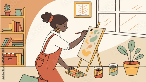 Artist Painting: An artist diligently works on a canvas, immersed in her creative process.  Vibrant colors and tools scattered around, hinting at the passion for her craft.