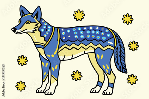 Stylized blue wolf stands amidst yellow flowers, featuring folk art inspired designs across its body