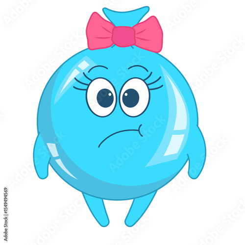 Cute blue balloon-girl character with shocked surprised expression, wide open eyes and closed mouth. Cartoon vector illustration for children's entertainment, book, sticker.