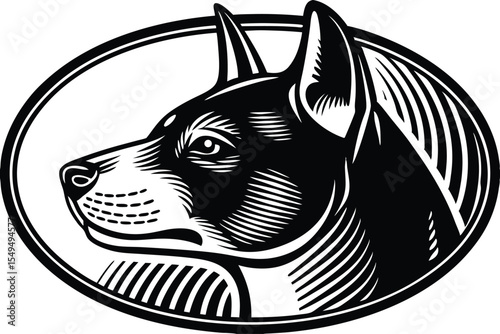 Monochrome pitbull showcases strong features inside a bold outlined oval shape