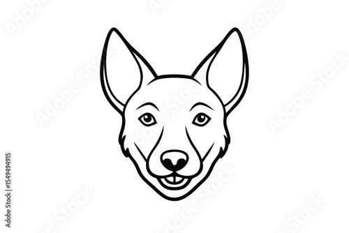 Minimalist canine face shows a smiling dog with sharp ears, outlined simply