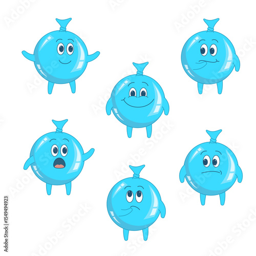 Set of cute balloons with different emoji: thinks, wonders, shouts, scared, happy, smile. Character. Cartoon vector illustration for children's entertainment, stickers, print.