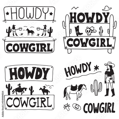 Western vector graphic set featuring cowgirls, horses, cacti, skulls, hats, boots, and "Howdy" & "Cowgirl" typography. 
Perfect for stickers, t-shirt designs vector silhouette