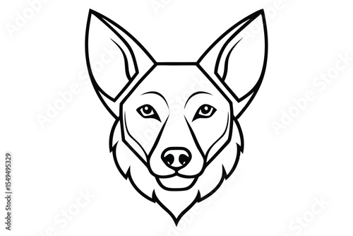 Outlined dog head portrait in minimalist style stares forward intently with pointed ears