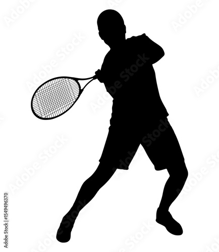 Male tennis player, isolated silhouette. The type of sport is lawn tennis. An active man hitting a ball with a racket. Vector illustration