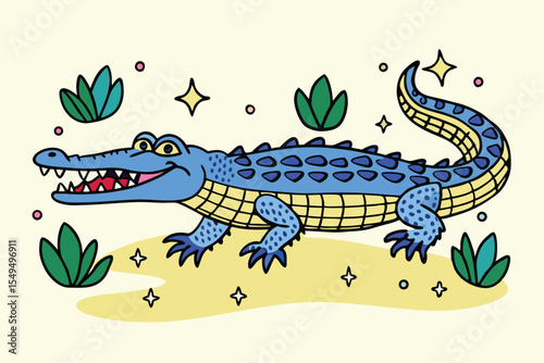 Playful cartoon alligator walks cheerfully amidst plants and stars on a bright, neutral background