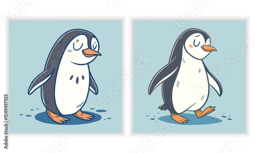 Collection of cartoon penguin characters waving holding fish and cup of tea