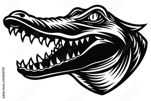 Striking black and white alligator head shows its sharp teeth and intense gaze