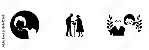 Set of black icons depicting a woman with a hairstyle, a couple with a heart, and a child with plants, suitable for graphic design purposes