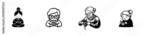 Black icon set featuring people engaged in various knitting activities representing different ages and styles