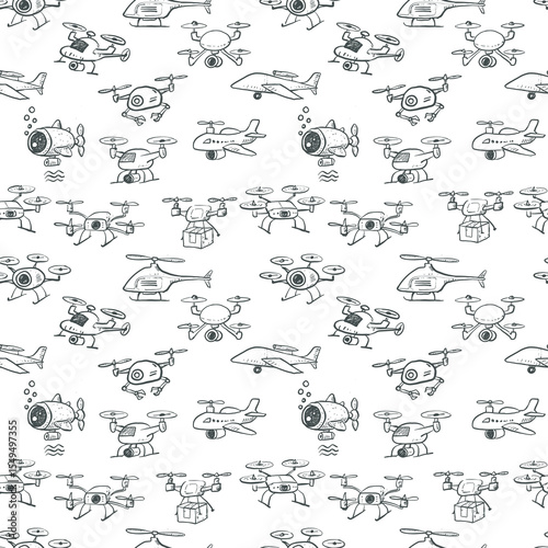 Seamless vector pattern of hand-drawn drones in a playful sketch style. Can be used for wallpaper, pattern fills, textile, web page background, surface textures.