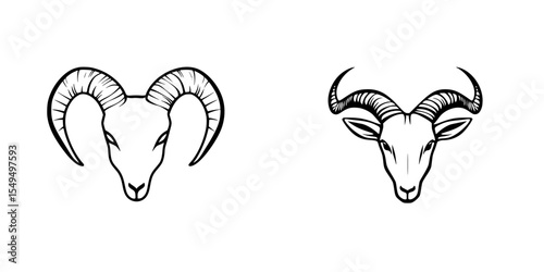 Set of black icon ram heads with detailed horn designs showcasing unique artistic styles and symmetrical features photo