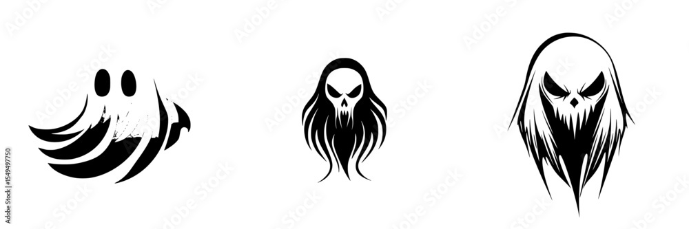 Obraz premium Set of black icons featuring abstract ghost and skull designs with dynamic flowing elements for digital use