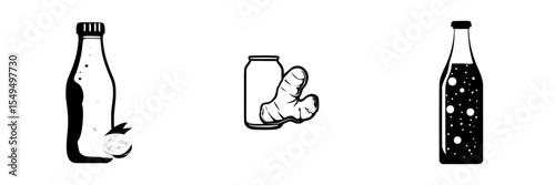 Black icons representing beverage bottles, a can with ginger, and a soda bottle set against a plain background