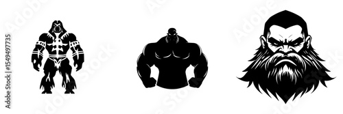 Black icon set featuring strong character designs showcasing muscular figures and a bearded warrior