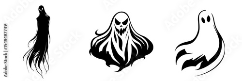 Design elements featuring black ghost icons in various styles suitable for Halloween or spooky themed projects