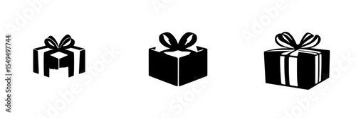 Black icon set depicting three distinct gift boxes with ribbons presented on a plain background