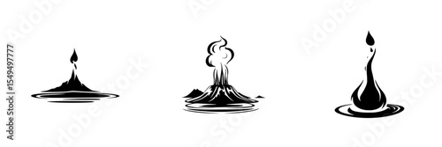 Black icon set depicting volcanic eruptions and water droplets in minimalist style for design use