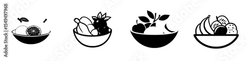 Colorful black icon set showcasing various fruit bowls filled with a variety of fruits and vegetables
