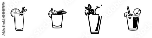 Set of black icons depicting various drink styles including cocktails and refreshing beverages