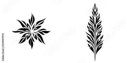 Set of intricate black icons featuring floral and leaf designs suitable for various artistic uses