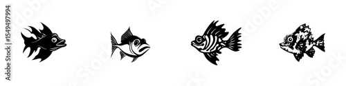 Set of four black fish icons illustrating unique designs and styles for varied uses in digital and print media