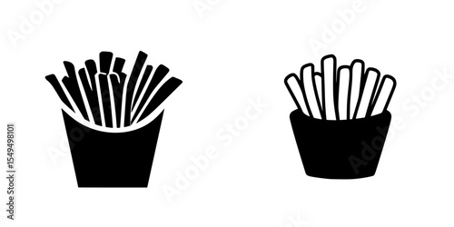 Black icons of French fries in different styles, showcasing simple yet recognizable designs suitable for branding or menus