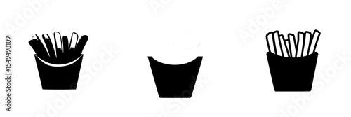 Set of black icons representing different styles of french fries served in containers
