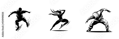Dynamic black icon set showcasing various dance poses and movements illustrating rhythm and style in urban dance