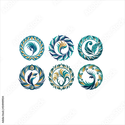 Collection of six circular feather and leaf design logo illustrations
