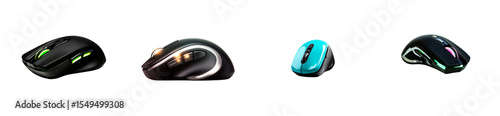 Four computer mouses, ergonomic, wireless, gaming, peripheral, cut out transparent