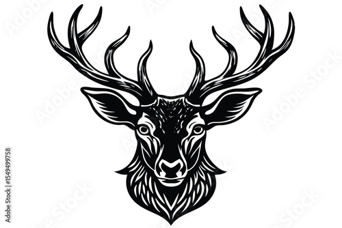 Majestic deer head with large antlers is elegantly outlined on a crisp white background