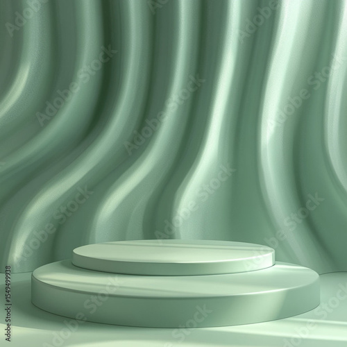 Mint Podium with Wavy Background, Illuminated by Sunlight, for Refined Presentation. Generative AI
