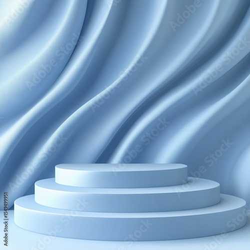Light Blue Three-Tiered Podium with Wavy Background for Minimalist Product Display. Generative AI