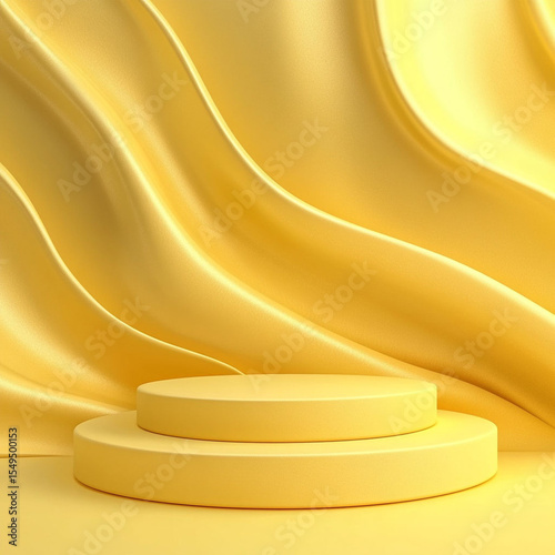 Two-Tiered Sunny Yellow Podium Against Vertical Wavy Abstractions Background. Generative AI