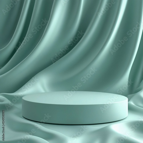 Delicate Mint Podium Amidst Draped Fabric for a Refined Product Presentation. Generative AI