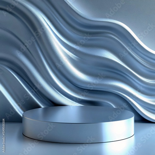 Shimmering Silver-Blue Podium Against an Elegant Wavy Fabric Background for Display. Generative AI