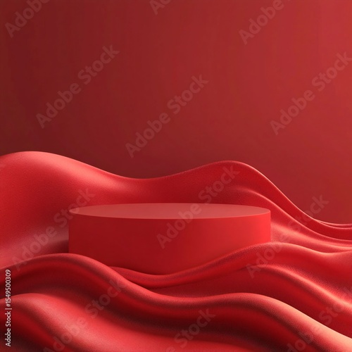Red cylindrical podium on luxurious wavy draped silk fabric for presentation. Generative AI
