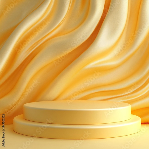 Two-tiered pale yellow podium on a wavy apricot silk background for product display. Generative AI
