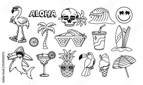 Tropical summer vector illustration set. shark, flamingo, skull, pineapple, surfboards, palm tree and more.	