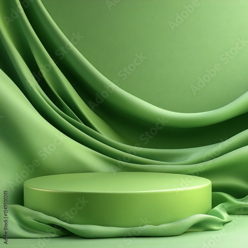 Matte green cylindrical podium on draped green silk background for display. Generative AI