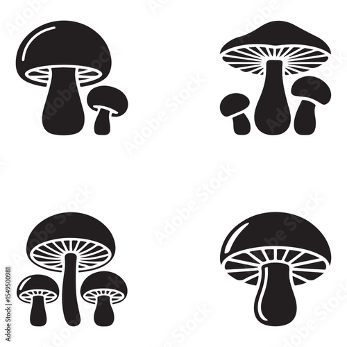 Silhouette Vector of Mushrooms with Underside Gills Black Fungi Clipart Set