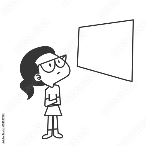glasses girl looking at blank board cartoon