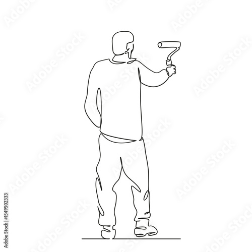 One continuous single drawing line art flat doodle man, paint, decorating, renovation, house, paintbrush, painting, working. Isolated image hand draw contour on a white background, hand drawn, not AI