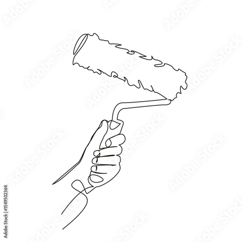 One continuous single drawing line art flat doodle paint, renovation, hand, decorating, painting, tool, roller, wall. Isolated image hand draw contour on a white background, hand drawn, not AI
