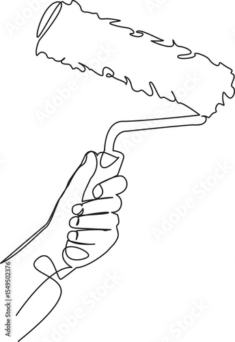 One continuous single drawing line art flat doodle paint, renovation, hand, decorating, painting, tool, roller, wall. Isolated image hand draw contour on a white background, hand drawn, not AI