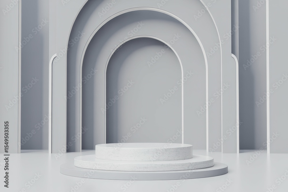 A 3D render of an abstract minimal background features a podium for product presentation, with white stone and gray colors creating a sleek and modern look. A 3D render of an abstract minimal background features a podium for product presentation, with white stone and gray colors creating a sleek and modern look.