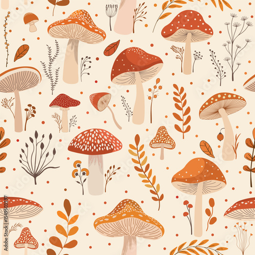 Seamless pattern. Set of colorful wild plants and cute fungus on beige background