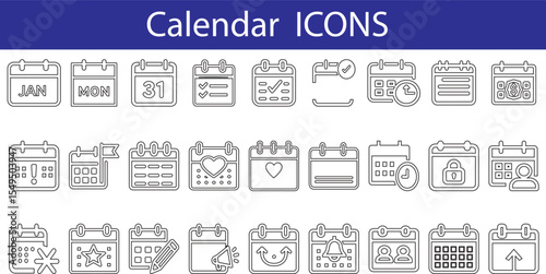 High-quality scalable calendar icons perfect for website design app development user interface design and branding projects offering a diverse range of scheduling symbols for efficient visual communic