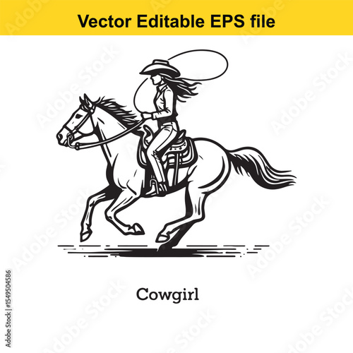 Dynamic Black and White Illustration of a Cowgirl Riding a Galloping Horse with Lasso Raised in Action and Determination in a Vector Editable Format